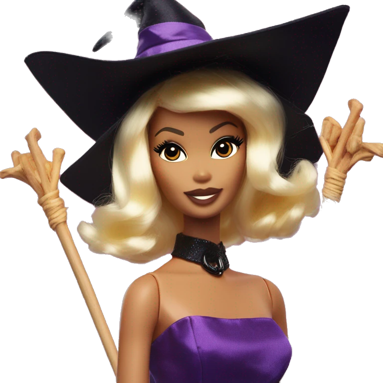 three photogenic silkstone Barbie witches enchanted TV series flying on broomsticks emoji