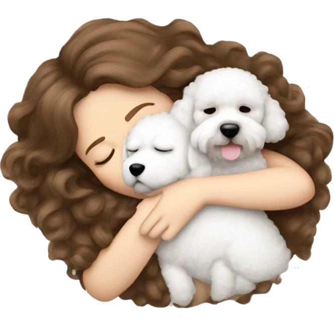 White girl brown hair sleeping with Mini Bichon emoji
