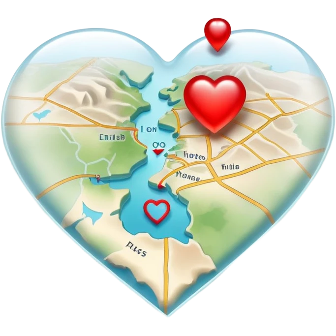 Translucent ethereal map with actual cartographic details, red heart markers for relationships and different colored pins for various emotional experiences emoji