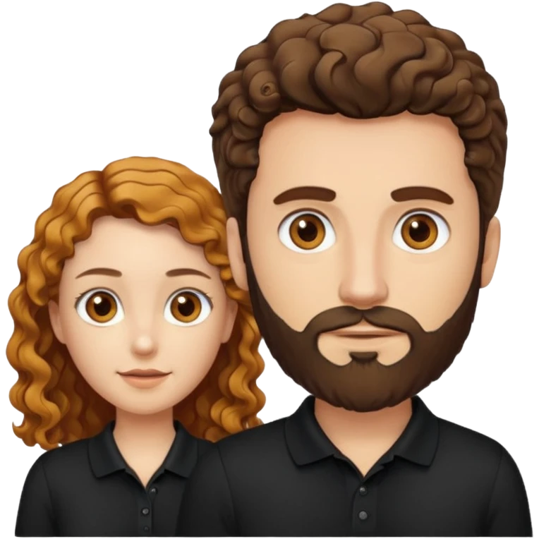 Criar Casal - Homem branco de cabelo liso e olhos marrom, com barba, camiseta polo preta e mulher de pele branca cabelo cacheado marrom longo e olhos mel emoji