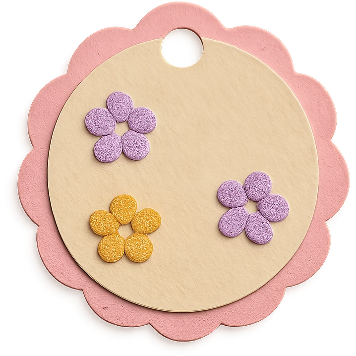 soft pastel round scalloped tag sticker with tiny flowers, paper craft style, with a pink border emoji