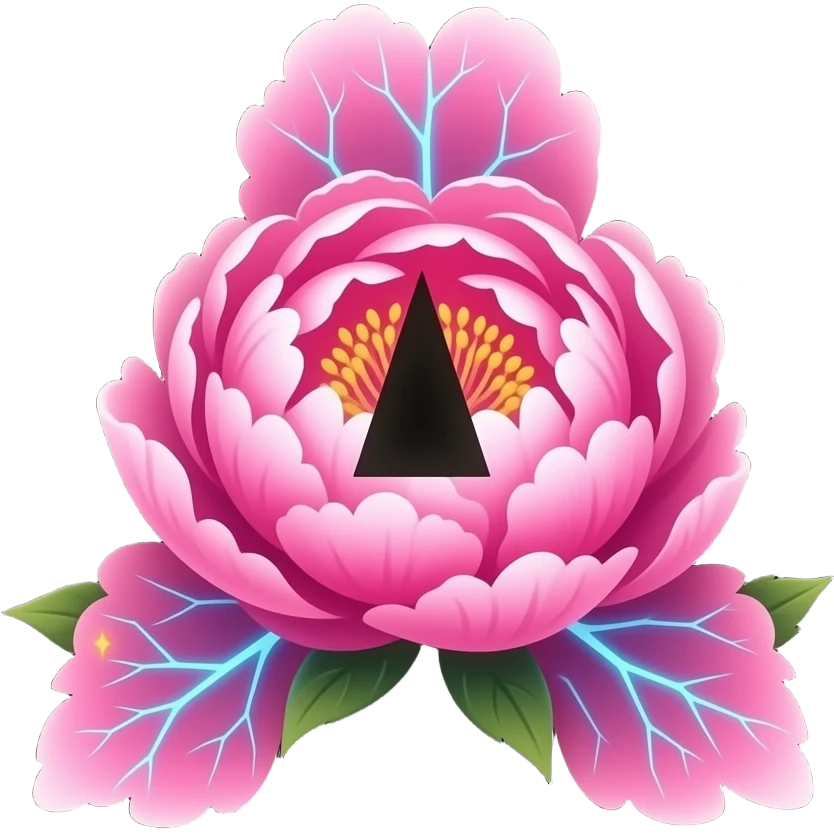 A lush, Peony letter 'A' with petals that glow with an internal neon pink light. Fine electric-blue veins run through the petals, surrounded by floating golden sparkles. Isolated on a black background for maximum glow effect emoji