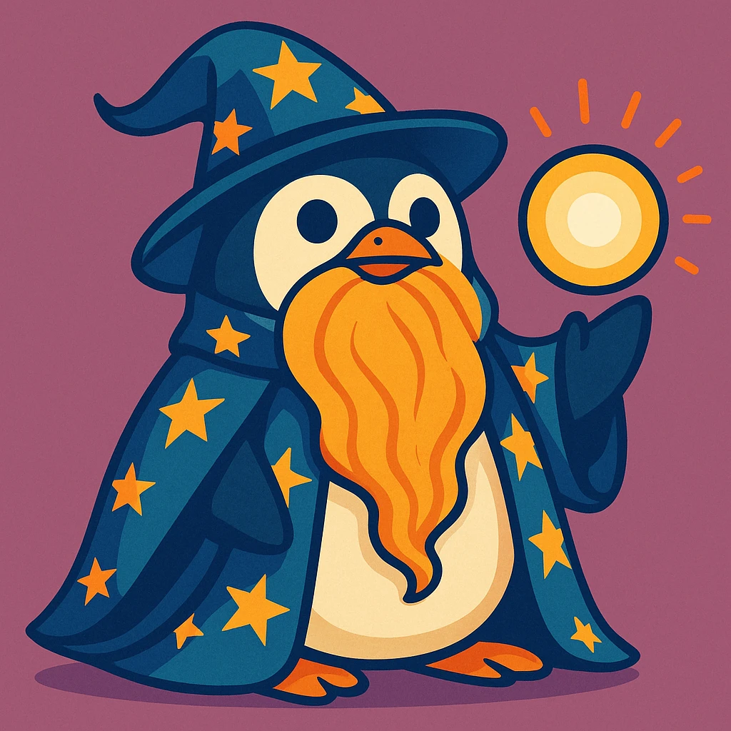 a chubby penguin wizard with a long beard, starry cloak, and a glowing orb, looking wise and mystical, fun and whimsical style emoji
