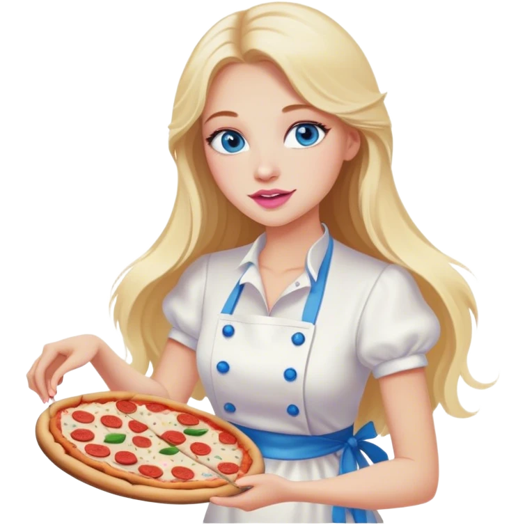 Cinematic realistic beautiful blonde with long hair, blue eyes and pink lips in a white dress cooks pizza emoji