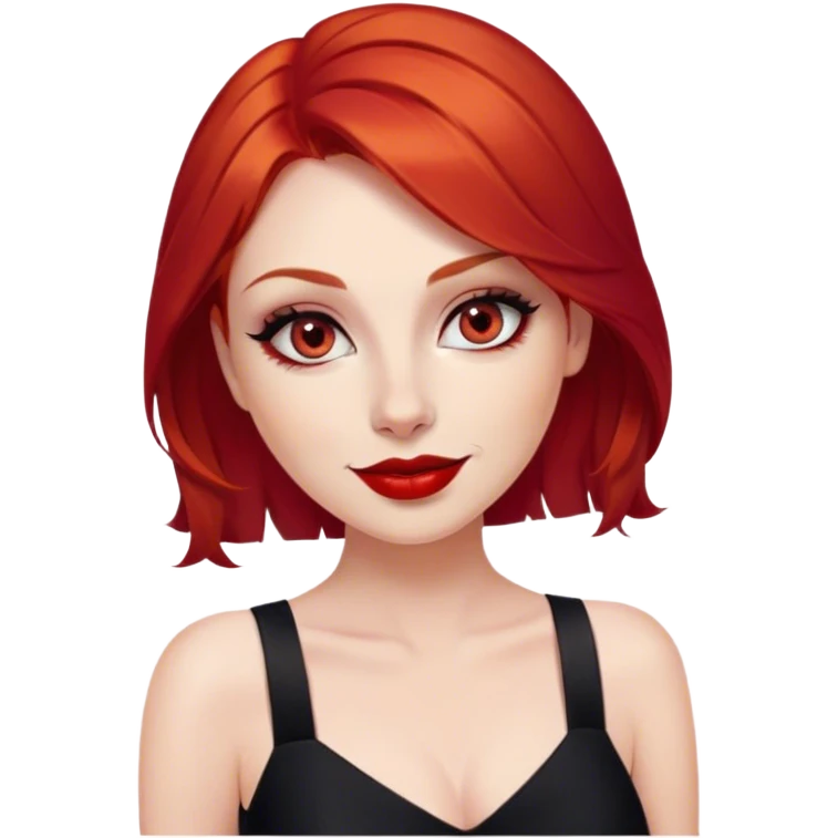 a woman with red hair and red eyes. The woman wear a black little cutted dress. She have red lipstick and she have a seductive look and smile emoji