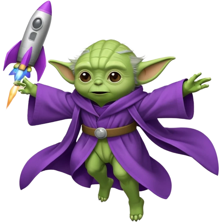 yoda in a purple robe flying in a rocket emoji