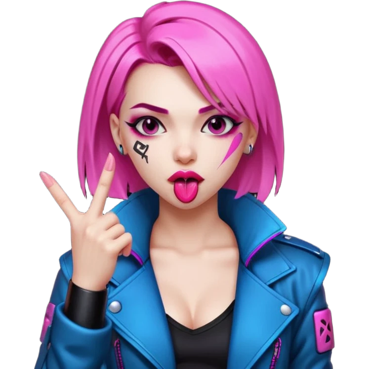 Woman with her tongue out in cyberpunk clothing and giving the middle finger. Looking naughty. emoji