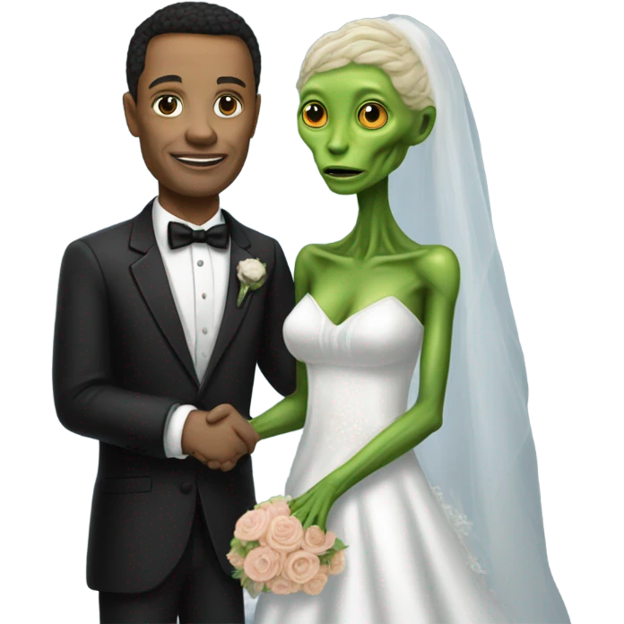 humman man in a tuxedo holding, Alien reprilian woman in wedding dress, and one , hands getting married emoji