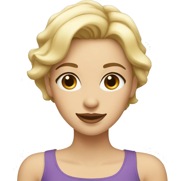 Beautiful girl with short blonde hair, thin lips, thin eyebrows, smiling. emoji