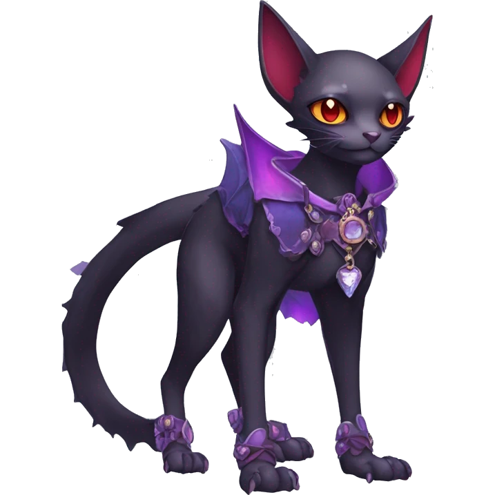 cool kawaii edgy black purple red ethereal fantasy beautiful elegant nargacuga-bat-cat-Fakemon wearing legs spats a collar harness with jewelries full body emoji