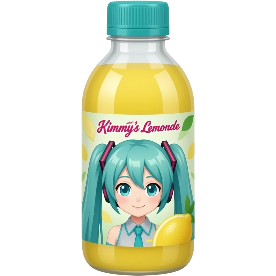 bottle of lemonade, with a miku hatsune label, yellow lemonade, teal cap, label say Kimmy's Special Lemonade emoji