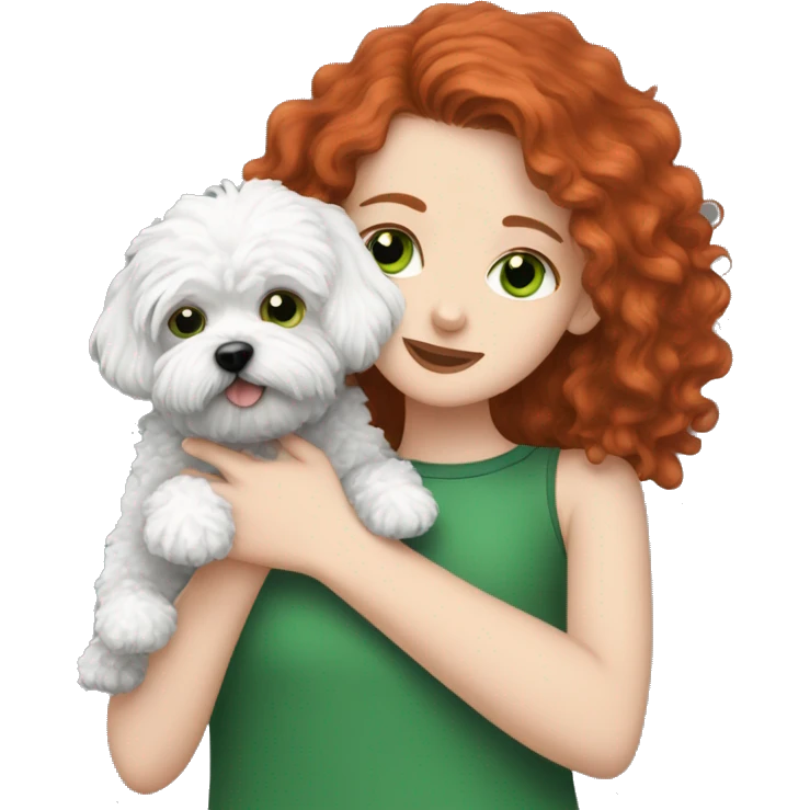 red haired girl with green eyes hugging her black and white Maltipoo dogs emoji