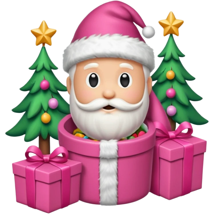 emojis estilo pixar de la cara de santa, arbolito rosa, reno, lazo coquet,bastones de caramelo rosa, caja de regalo rosa, arbolito verde con bambalinas rosa emoji