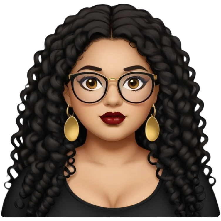 teen big plus size, latina, darker tan skin, gold earrings, long black curly hair, baddie,pretty, makeup, dark red lipgloss, black eyeliner, long hair, black top, black glasses emoji