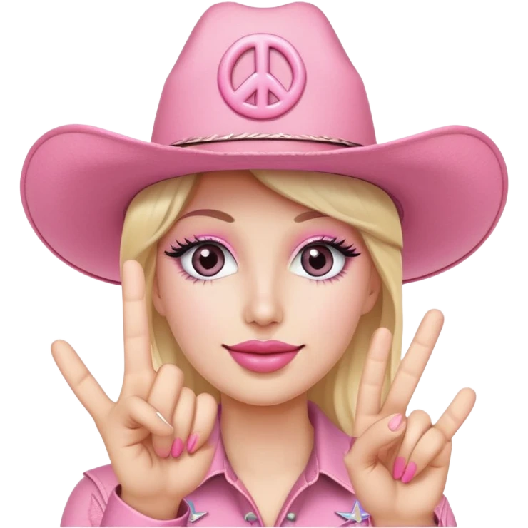 Kissy face pink cowboy hat with long eyelashes and finger peace sign emoji