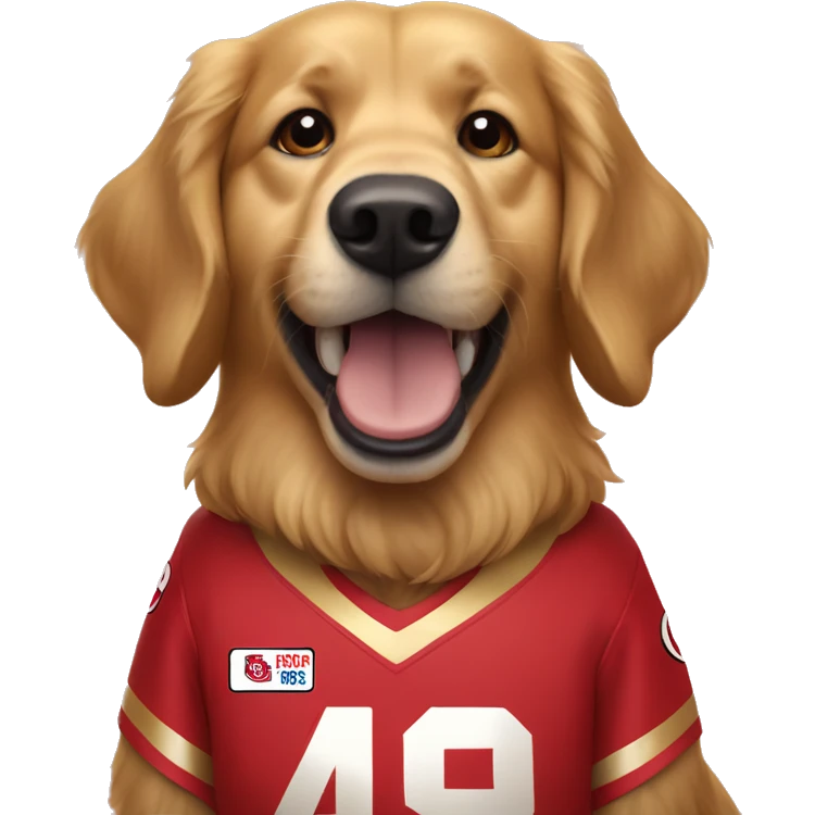Golden retriever wearing 49ers jersey emoji