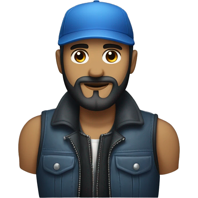a man with a midium black beard, a blue cap, a sleevless vest and a harley blue motorcicle emoji