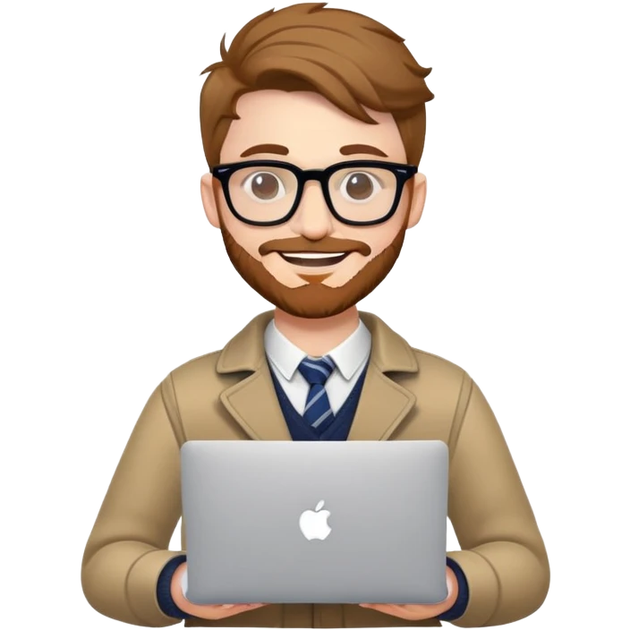 smiling college stylish British  hipster man with MacBook with glasses emoji
