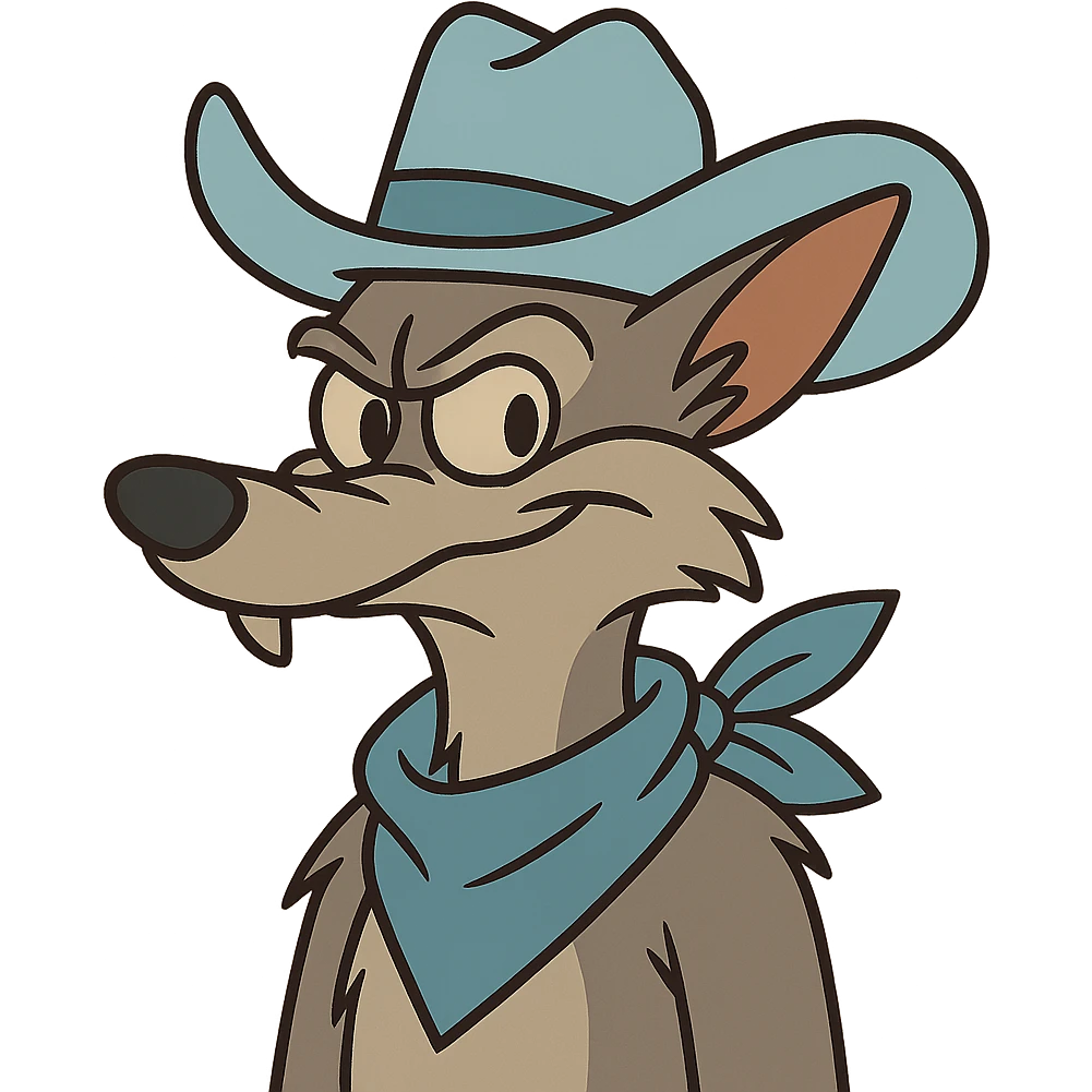 grey coyote wearing a light blue cowboy hat and light blue neckerchief, flat toon style emoji