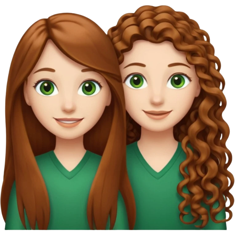 Two besties: 1: long ironed straight hair, green eyes 2: long curly brown hair, brown eyes emoji