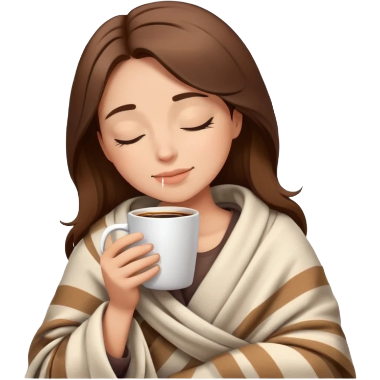 Relaxed woman with brown hair in blanket holding coffee cup with closed eyes emoji