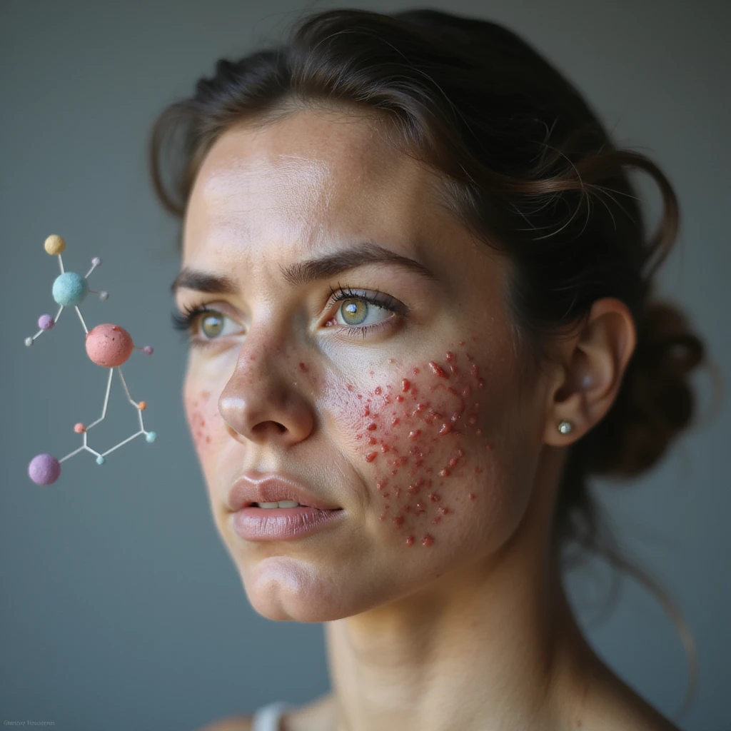 hyperrealistic 4K image of a woman with hormonal imbalance, face with acne, with a stylized illustration of estrogen and progesterone molecules in the background, serious expression emoji