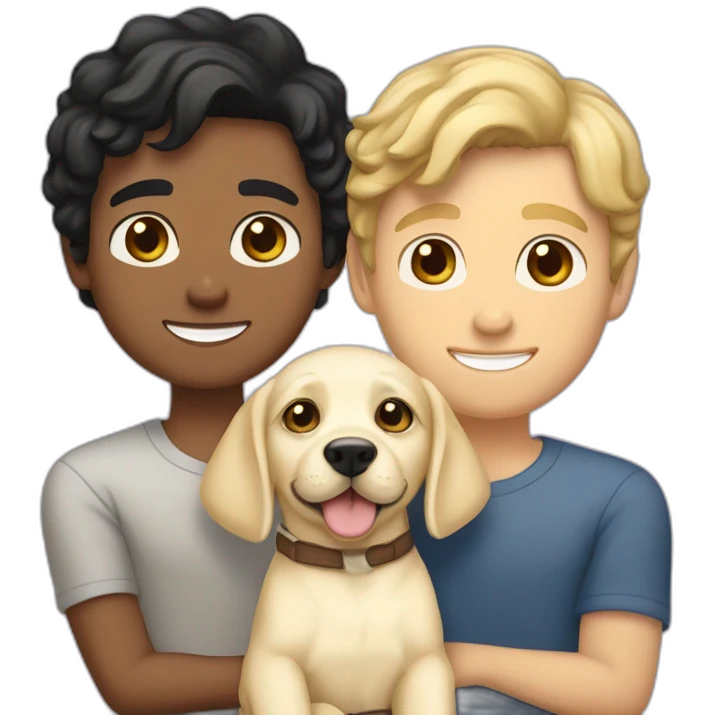gay-couple,-1-guy-straight-blackhair australian-and-1-australian-white-guy-with-blackhair-slightly-curly-holding one light yellow labrador retriever puppy one labrador retriever puppy emoji