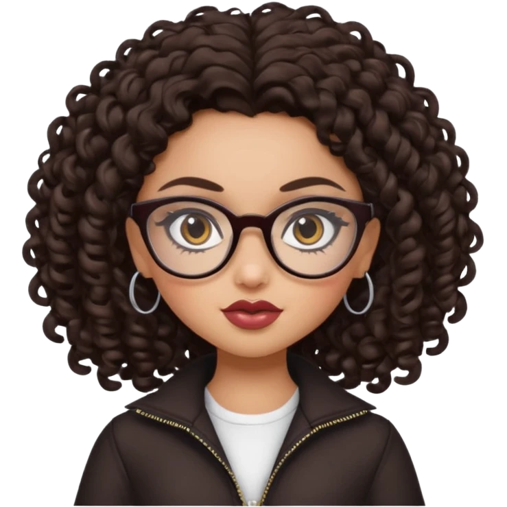 pretty bratz baddie, dark brown curly hair, brown eyes, glasses, pretty eyeliner emoji
