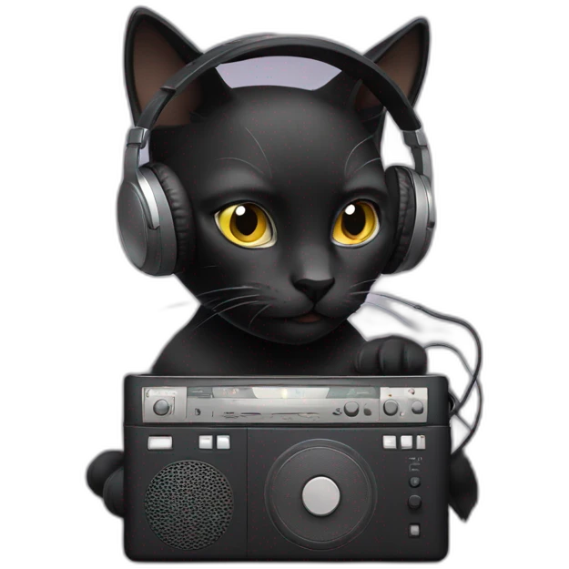Black cat listening music with a grey walkman emoji