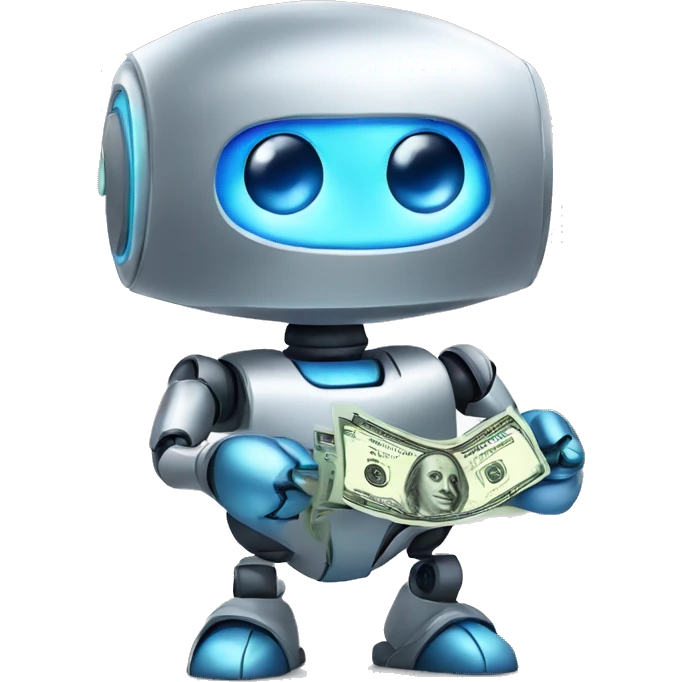 cute silver big-blue-eyed robot holding money emoji