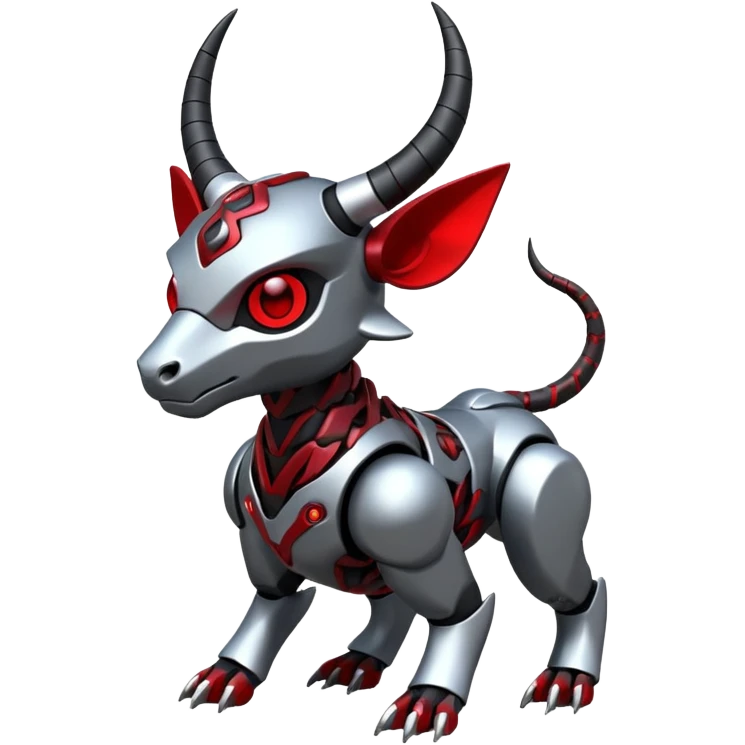 Futuristic mechanical cyborg horned modern badass cool shiny metallic alloy silver-grey obsidian-black crimson-red white animal hybrid Fakemon full body with intricate patterns emoji