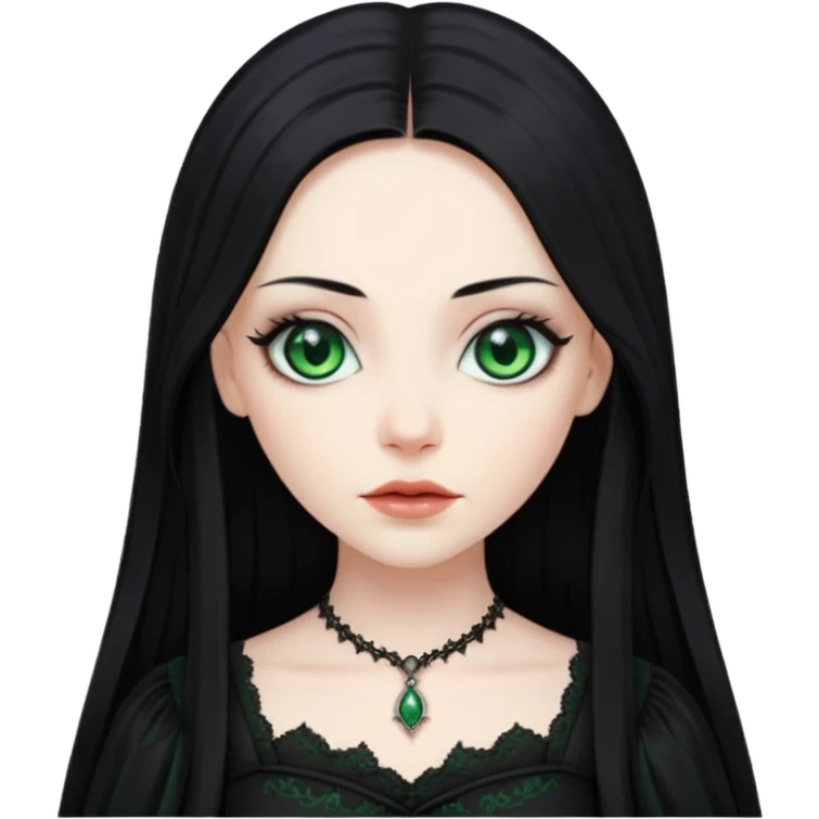 long black hair, green eyes, pale skin, a Gothic dress emoji