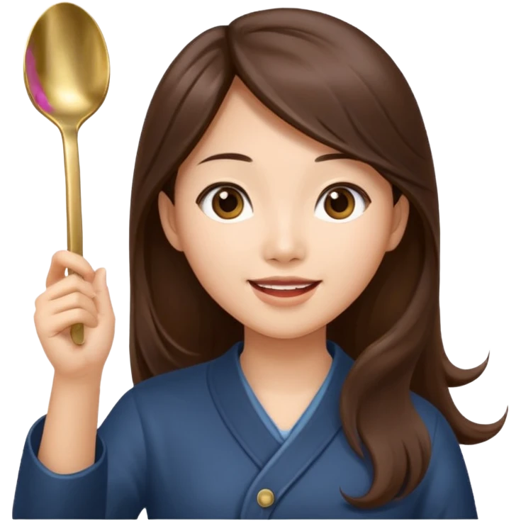 An Asian woman with long brown hair waving and greeting with a spoon in her hand emoji