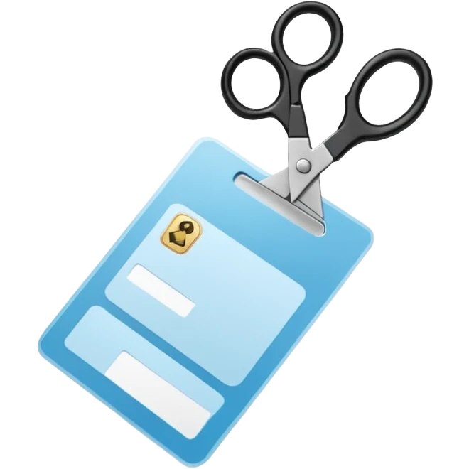 Floating black Scissors cutting a light blue military ID card in 2 parts .hyper realistic emoji