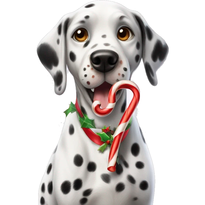 A Dalmatian with brown spots holds a caramel Christmas candy cane in his teeth emoji