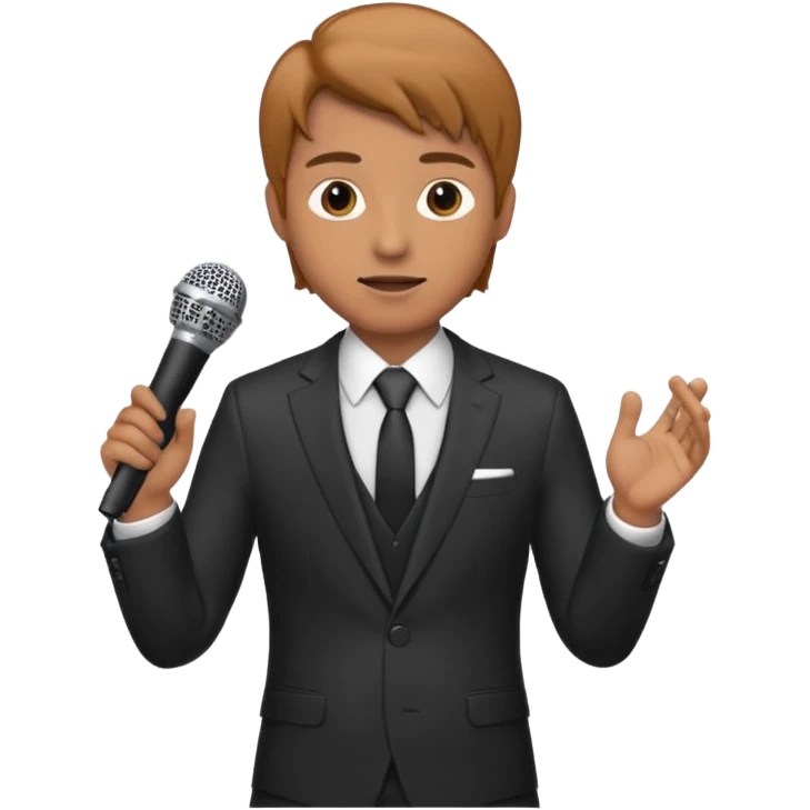 Man in suit with microphone with tan hair emoji