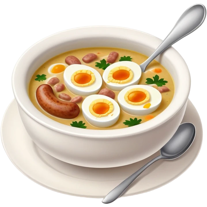 cinematic-realistic zurek-soup-dish-emoji,-depicted-as-a-tangy,-creamy-rye-soup-with-sausage-and-boiled egg-rendered-with-detailed-textures-and-warm,-comforting-lighting. emoji