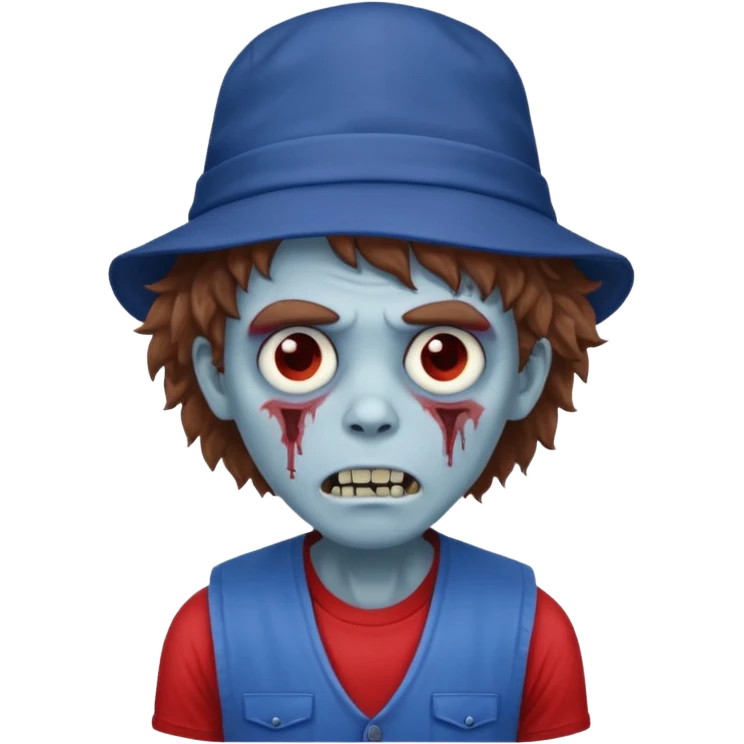 brown fluffy hair zombie with blue and white hat dark blue jilet red t shirt emoji