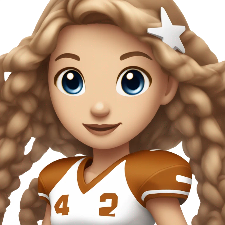 Beautiful girl, blue eyes, long beautiful light brown hair, wearing Texas Longhorn football cheerleading uniform emoji