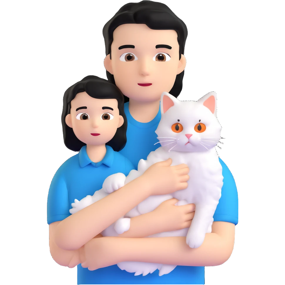 teenage boy with black hair wearing blue short sleeve shirt holding a white ragdoll cat emoji