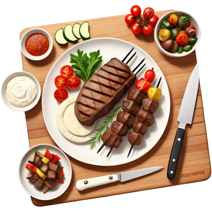 icon featuring cooking: a chef's hat, a cutting board with fresh ingredients, a knife, a plate with a well-plated dish, a beautiful ribeye beef steak, and beautifully arranged shashlik skewers placed across. Bright, detailed design with realistic textures and lighting. Transparent background. emoji