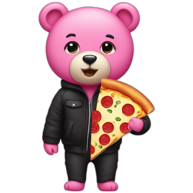 a pink bear with a black jacket and a big pizza emoji