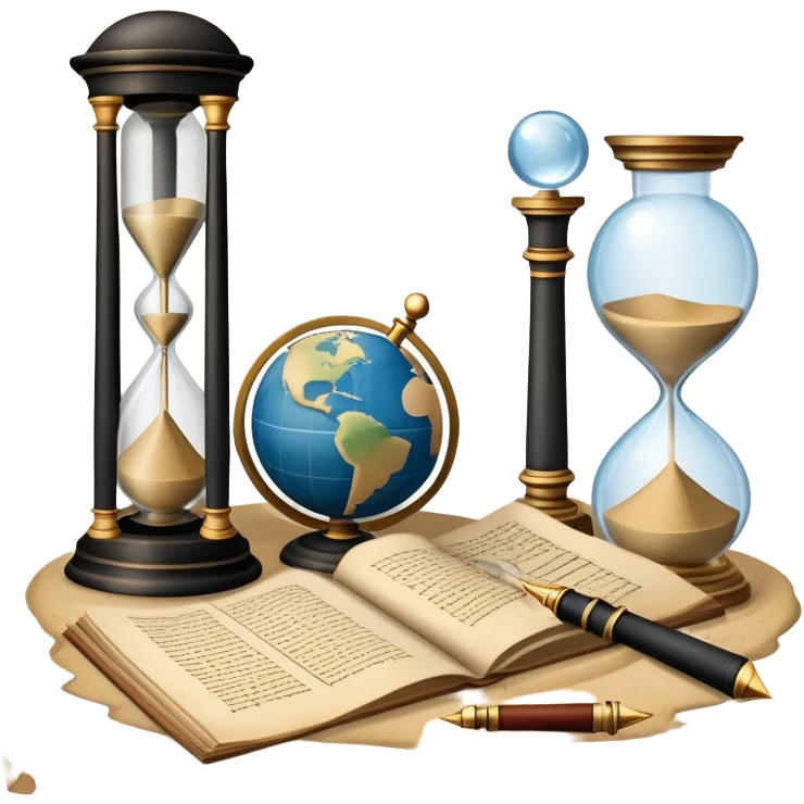 An icon featuring ancient scrolls, a quill pen, and large, old-fashioned sand clocks, symbolizing the study of history. The design includes a globe and a timeline with significant historical events, set against ruins to evoke past civilizations. Transparent background highlights the passage of time. emoji