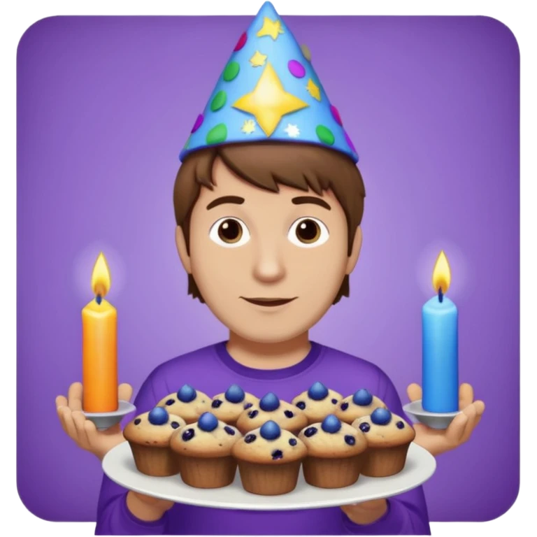 Man with brown hair wearing purple shirt and a party hat holding several blueberry muffins either candles in them  emoji