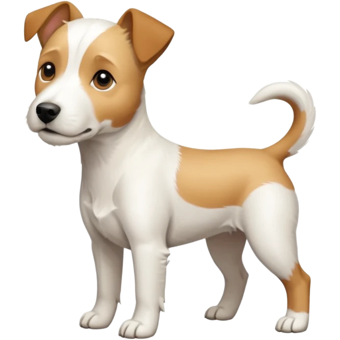 a full body facing front on of a buff white parson russell terrier looking dog the size of a kelpie with light brown long ears and a light brown patch on one eye and a large snout. the rest of the dog is completely white.  emoji