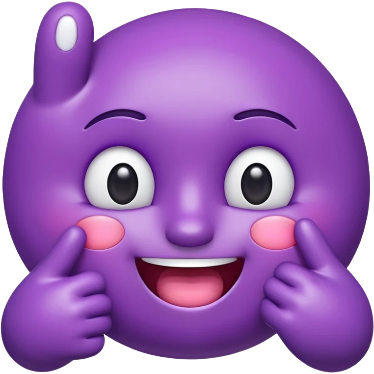 "A glossy 3D purple emoji character with shiny, reflective surface, puffed cheeks as if holding in laughter, eyes squinting mischievously, white cartoon hands — one covering its mouth and the other pointing upward with the index finger. Cute, exaggerated facial expression, smooth rounded shape,  emoji