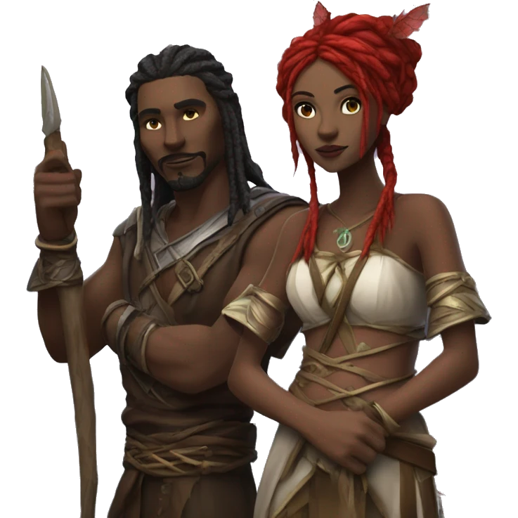 enchanting Fantasy couple druidess and assassin in nature emoji