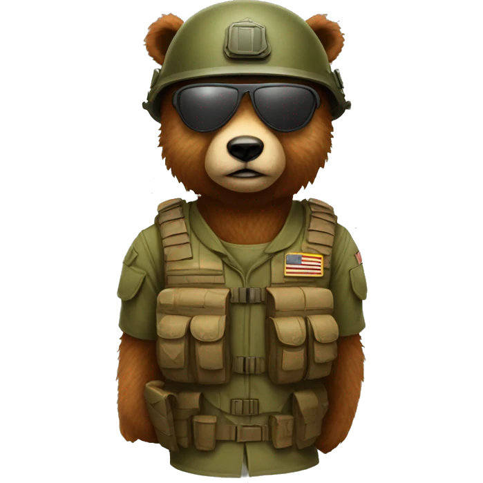 A brown furry bear as a soldier with a helmet and military glasses emoji