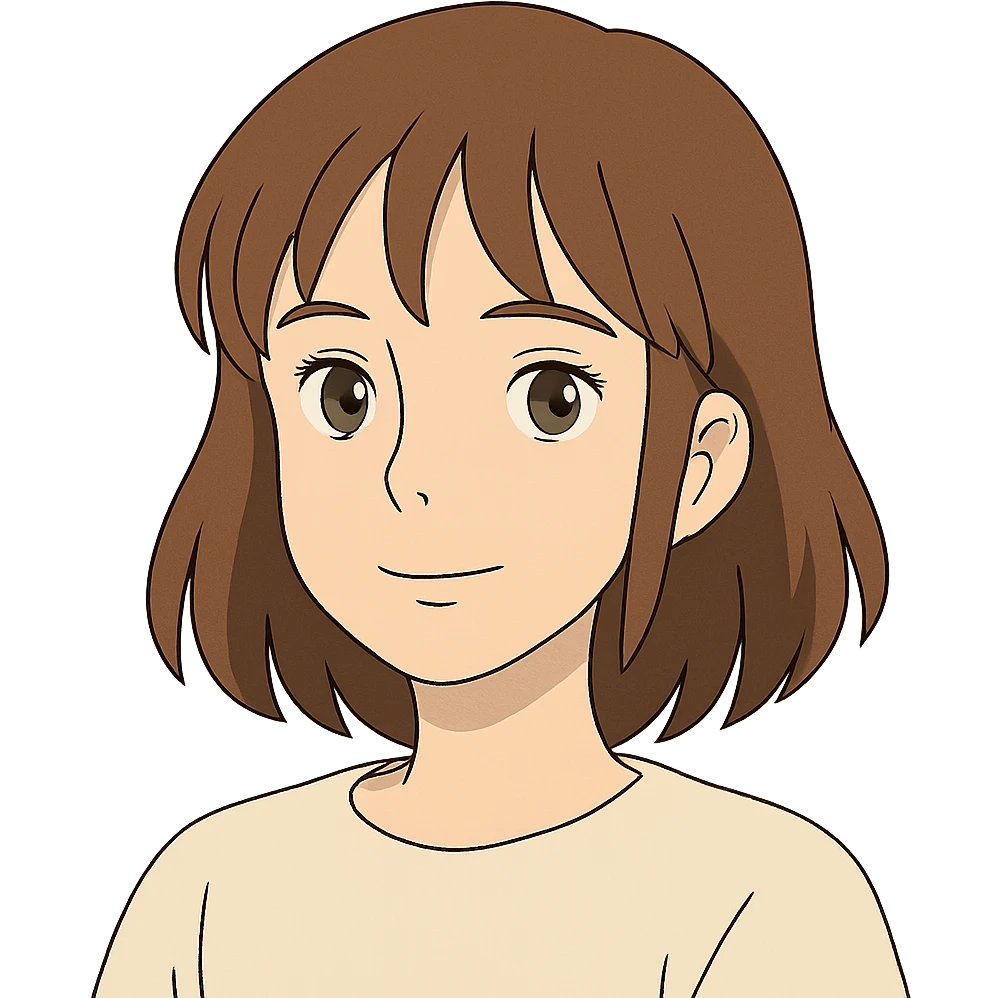 white girl with brown hair, light brown eyes, medium eyelashes, brown eyebrows, medium lips, medium nose in ghibli style emoji