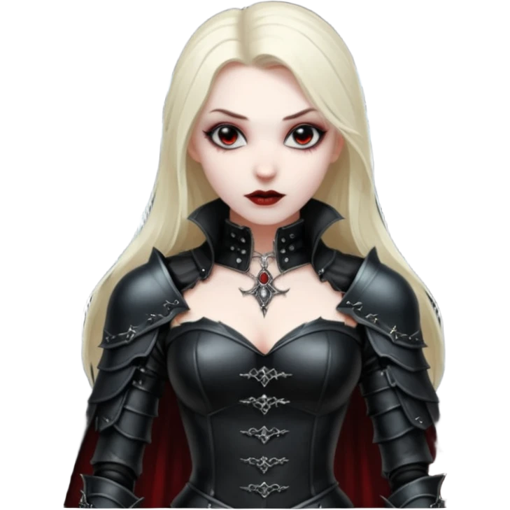 Vampire woman in black leather armor, exposed shoulders, cold desire, gothic castle interior emoji